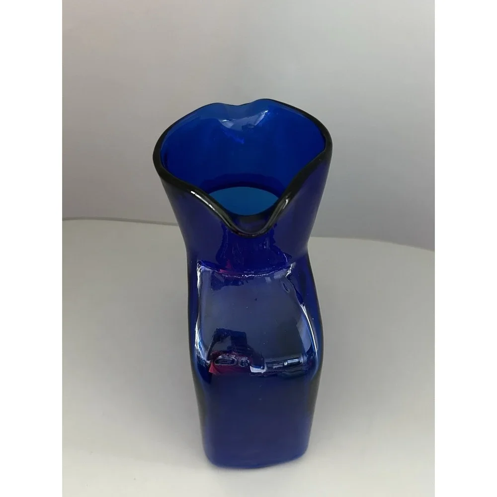 BLENKO Cobalt Blue Art Glass Double Spout Pitcher Vase Carafe 8